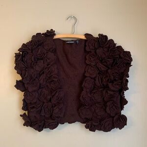 VTG Michael Simon Brown Shrug Cardigan Sweater Short Sleeve Artsy 3d Floral Wool